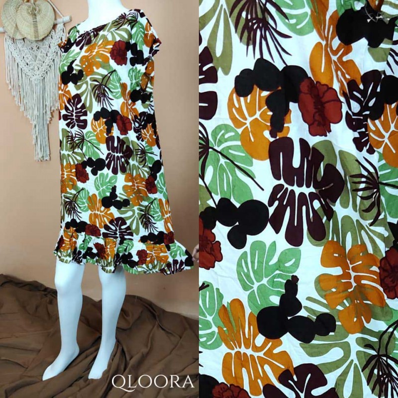 Daster Bali Model Ruffle Pendek Motif Kerangka Daun